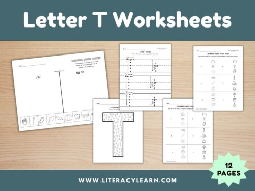 Cover graphic showing the Letter T Worksheets.