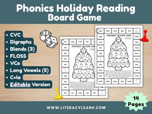 Graphic titled, "Phonics Holiday Reading Board Game" with Christmas tree and ornament printables.