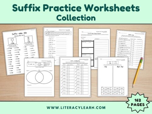 Cover graphic showing the Suffix Practice Worksheets Collection.
