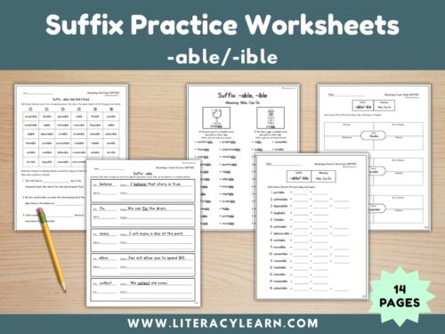 Cover showing suffix -able/-ible worksheets.