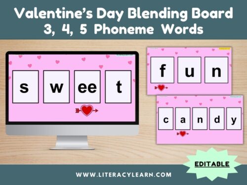 Graphic titled, 'Valentine's Day Blending Board: 3, 4, 5 phoneme words."