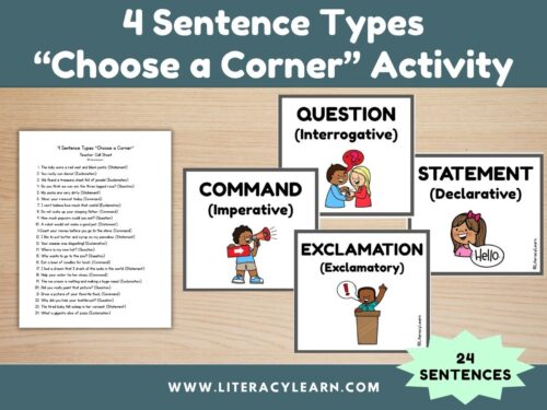 Graphic titled, "4 sentence types choose a corner activity."