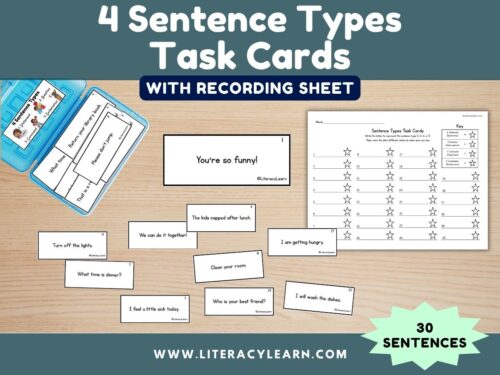 Graphic titled, "4 sentence types task card sentence strips."