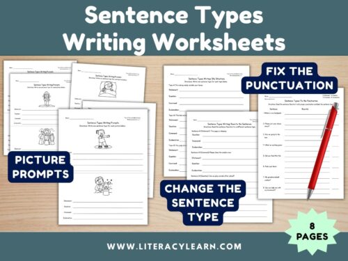 Graphic titled, "4 sentence types Writing worksheets."