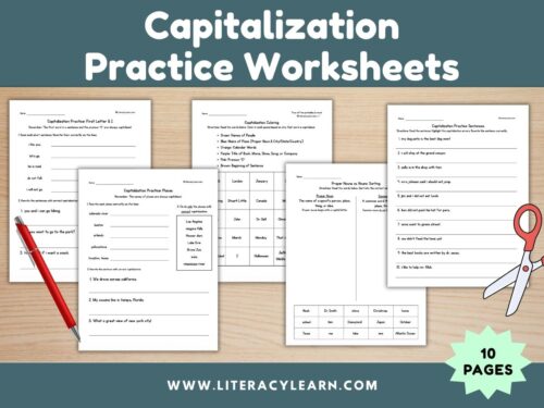 Graphic titled, "capitalization practice worksheets: 10 pages."