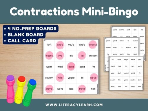 Graphic titled, "Contractions Mini-Bingo."