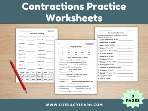 Graphic titled, "contractions practice worksheets."