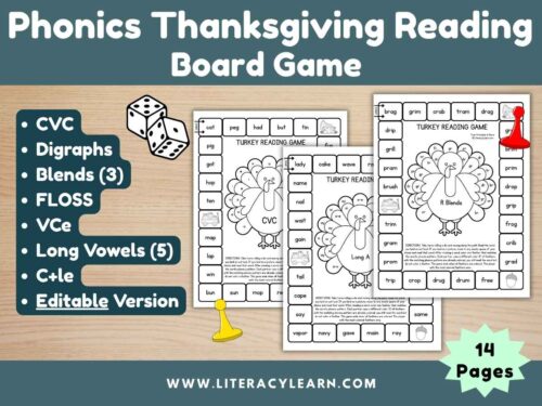 Graphic titled, "Phonics Thanksgiving Reading Board Games."