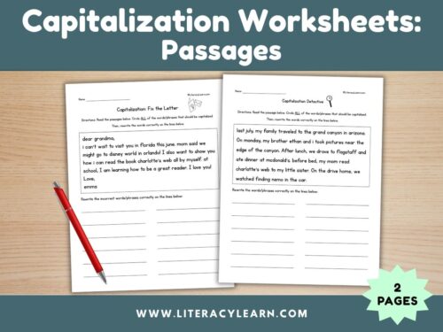 Graphic titled, "Capitalization Worksheets: Passages."