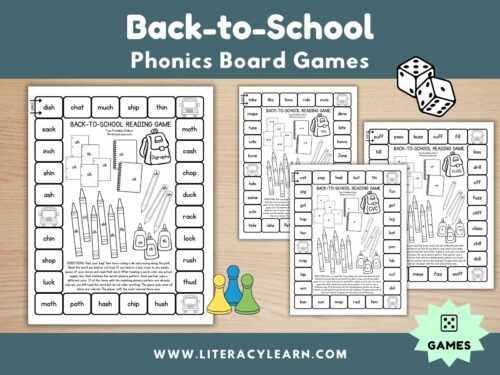 Graphic titled, "Back to School Phonics Board Games."