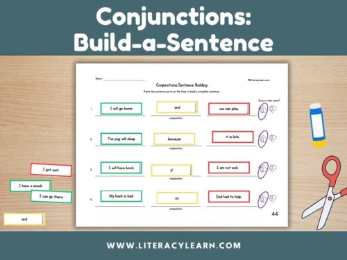 Graphic titled, "Conjunctions Build-a-sentence worksheets."