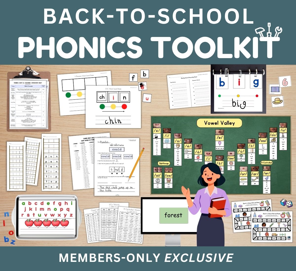 Graphic with some of the resources included in the back-to-school phonics toolkit.