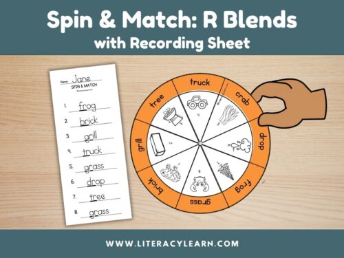 Graphic titled "Spin & Match: R Blends with recording sheet."