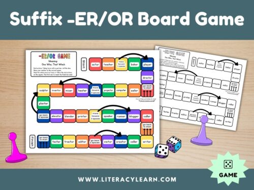 Cover showing the morphology board game for suffix -er/-or.