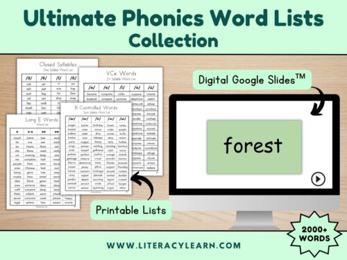 Graphic showing the printable and google slides word list collection.