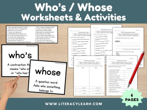 Graphic titled, "Who's / Whose worksheets and Activities."