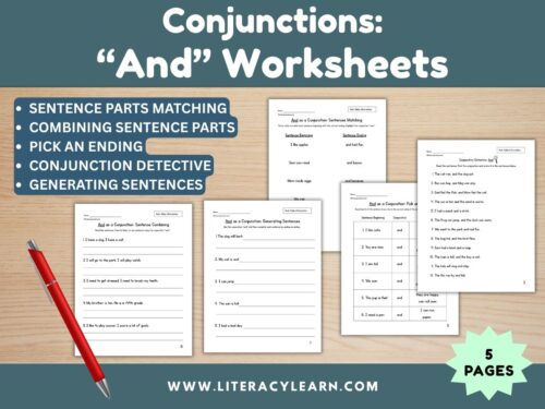 Graphic titled, "conjunctions: and worksheets."