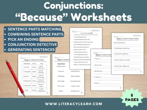Graphic titled, "conjunctions: because worksheets."
