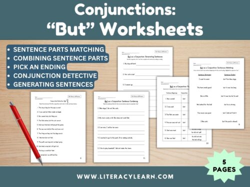 Graphic titled, "conjunctions: but worksheets."