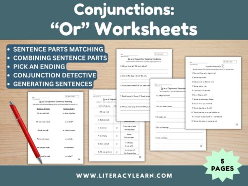 Graphic titled, "conjunctions: or worksheets."