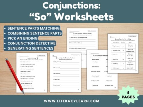 Graphic titled, "conjunctions: so worksheets."