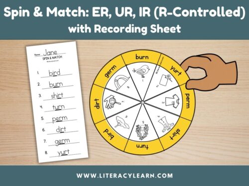 Cover graphic titled, "Spin & Match: Er, ur, ir r-controlled with recording sheet."