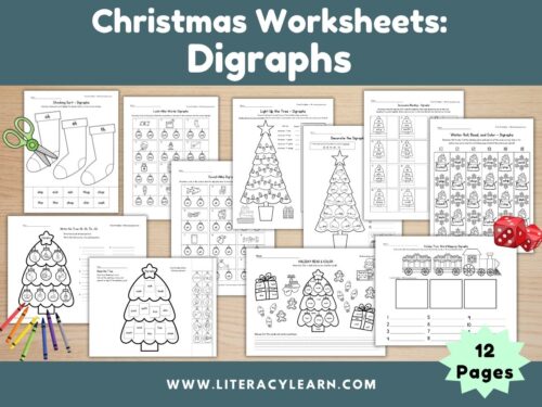 Graphic titled, "Christmas Worksheets: Digraphs."