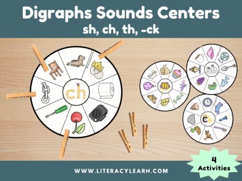 Graphic titled, "Digraphs Sounds Centers: sh, ch, th, -ck."