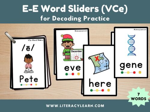 Graphic titled, "E-E Word Sliders (VCe) for Decoding Practice."