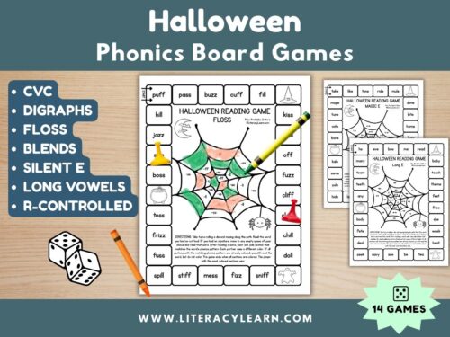 Graphic titled, "Halloween Phonics Board Games."