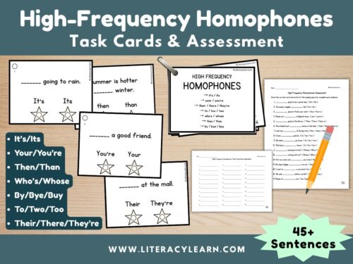 Graphic titled, "High Frequency Homophones Task Cards & Assessment: 45+ sentences."