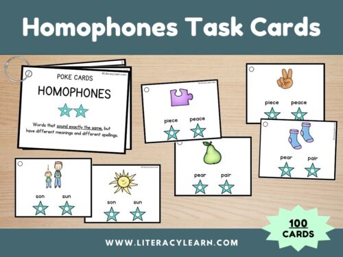 Graphic titled, "Homophones Task cards."