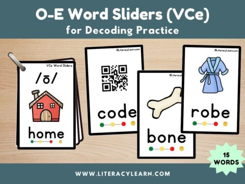 Graphic titled, "O-E Word Sliders (VCe) for Decoding Practice."