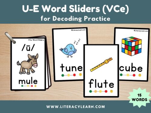 Graphic titled, "U-E Word Sliders (VCe) for Decoding Practice."