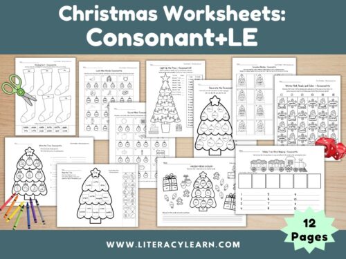 Graphic titled, "Christmas Worksheets: Consonant+le."