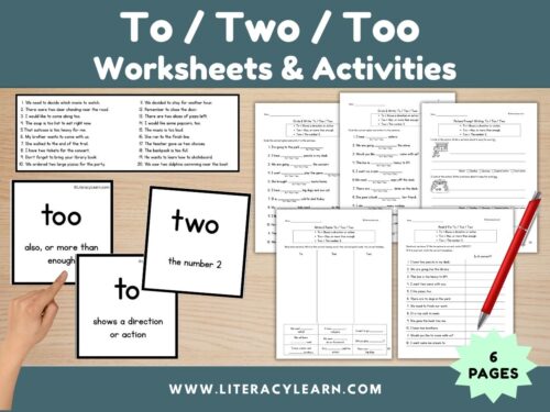 Graphic titled, "To/Two/Too worksheets and Activities."