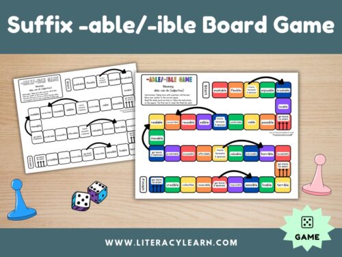 Cover graphic showing the morphology game for suffix -able/-ible.