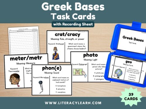 Graphic titled, "Greek Bases Task Cards with recording sheet."