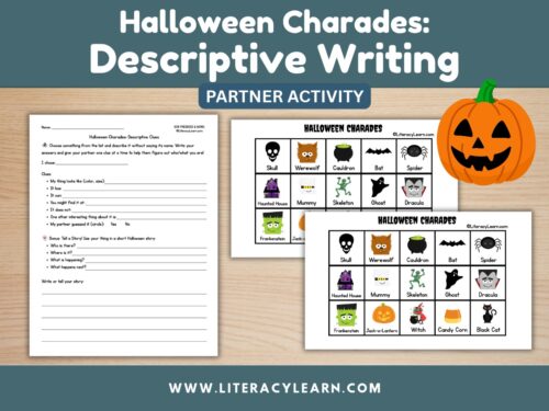 Graphic titled, "Halloween charades descriptive writing partner activity."