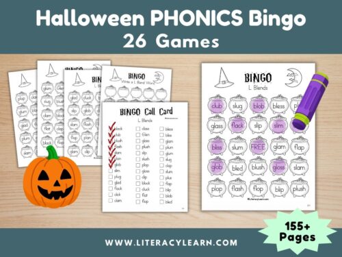 Graphic titled, "Halloween Phonics Bingo: 26 Games."