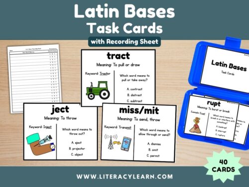 Graphic titled, "Latin Bases Task Cards with recording sheets."