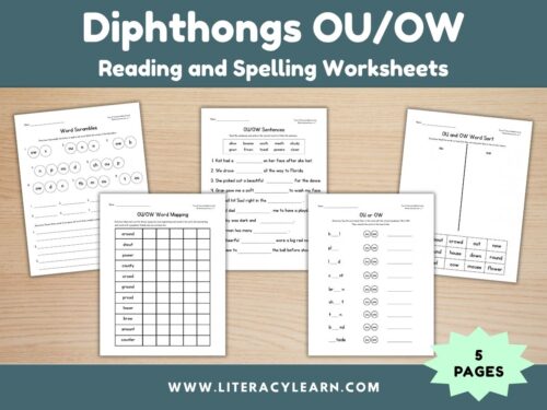Cover image showing ou/ow five free worksheets.