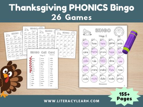 Graphic titled, "Thanksgiving Phonics Bingo: 26 games."