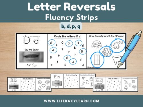 Graphic titled, "Letter Reversals Fluency Strips for b/d/p/q."